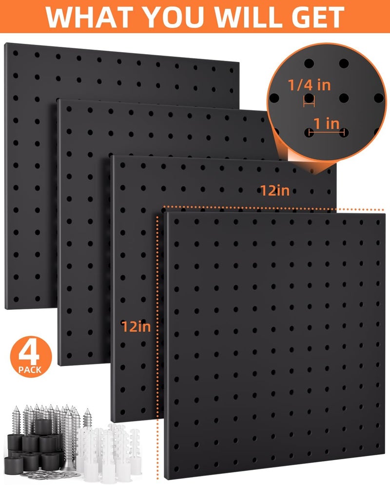 INCLY 4 Pack 12"x12" Black Metal Pegboard Panels, Heavy Duty Pegboard Wall Organizer with Frame, Black Peg Board for Walls, Garage, Workbench, Shed, Kitchen, Craft Room Tool Organization - Image 2